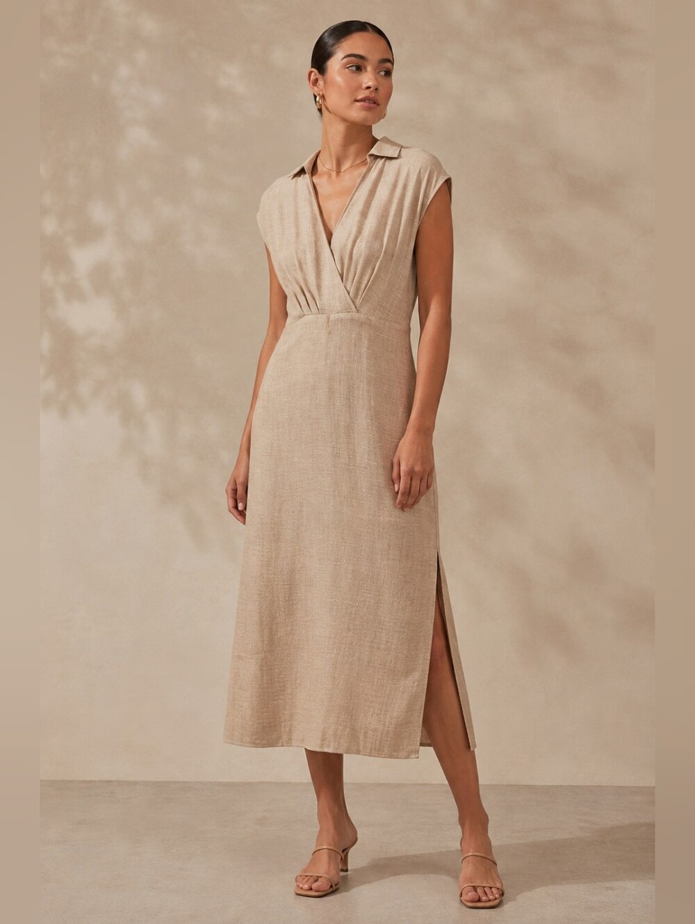 DKNY Beige Wrap Midi Dress Sleeveless Collared